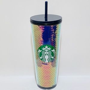 Starbucks Dark Sequin Tumbler Iridescent Holiday 2020 Cold Cup Lid & Straw NEW